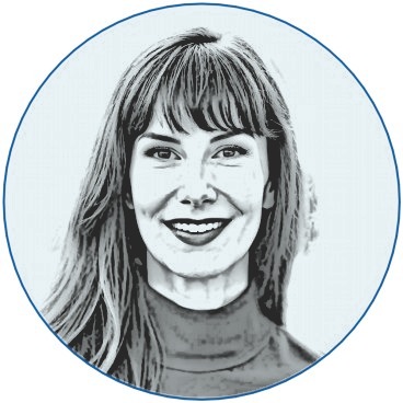 Pencil sketch of Beth Stark, smiling, with long hair and bangs, wearing a turtleneck